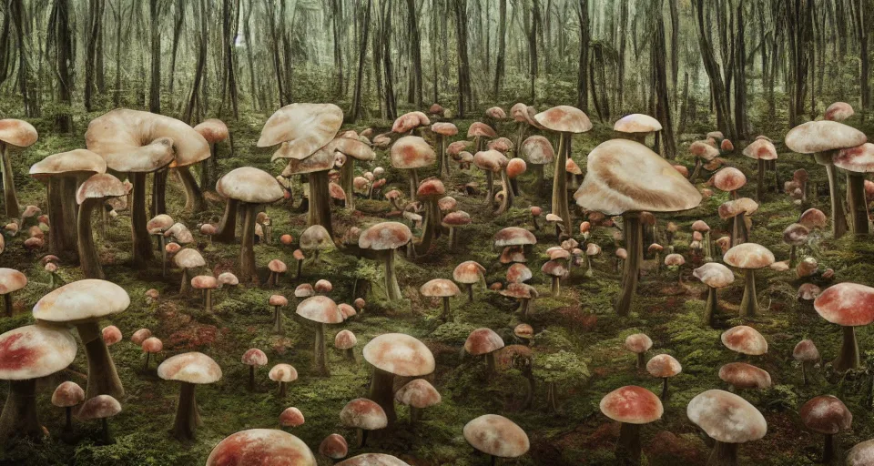 Image similar to A tribal village in a forest of giant mushrooms, by Alyssa Monks