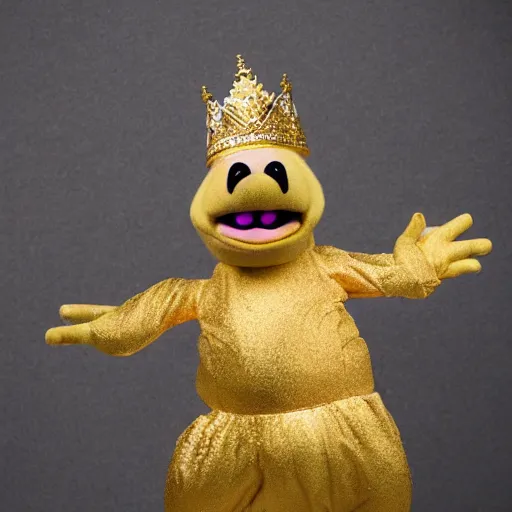 Image similar to studio photograph of a happy pig wearing a gold crown depicted as a muppet, jumping, full body