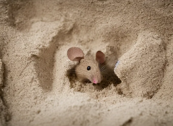 Image similar to dslr photo still of a mouse inside a sand castle, 8 k, 8 5 mm f 1. 4