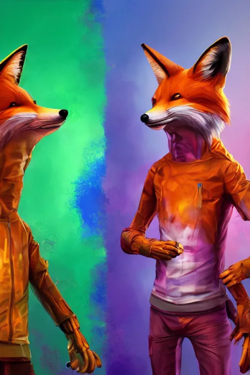 Image similar to a humanoid fox wearing scientist's clothes and doing experiments with colorful chemicals, digital painting, masterpiece, digital art, high quality, highly detailed, concept art, trending on deviantart, high coherence, anatomically correct, five fingers, cinematic, high definition, path traced