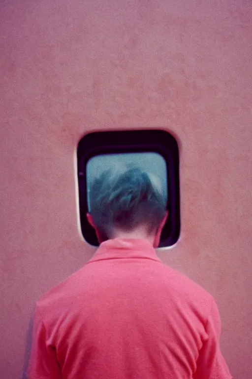 Prompt: far away kodak ultramax 4 0 0 photograph of a skinny guy looking out the window of a spaceship, back view, pink shirt, grain, faded effect, vintage aesthetic, vaporwave colors, cyber aesthetic, spaceship,