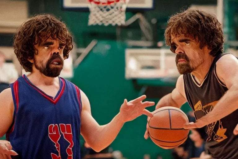 Image similar to peter dinklage playing basketball movie still, from the new slam dunk ernest movie, 8 k, realistic