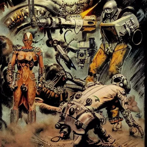 Image similar to techno shamans, telepaths, dieselpunk cyborgs, masked heroes, irradiated humans, mystic mutates and monster hunters by frazetta