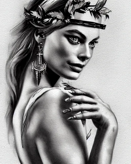 Image similar to realism tattoo sketch of margot robbie as a beautiful greek goddess aphrodite with piercing eyes wearing a laurel wreath and triangle earrings, in the style of greg rutkowski, amazing detail