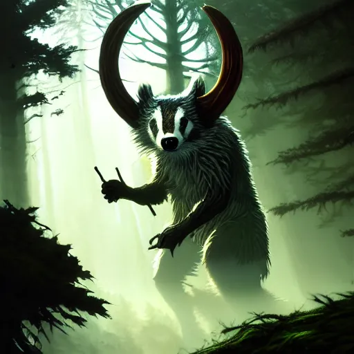 Image similar to Badger druid, forest, magic the gathering artwork, D&D, fantasy, cinematic lighting, centered, symmetrical, highly detailed, digital painting, artstation, concept art, smooth, sharp focus, illustration, volumetric lighting, epic Composition, 8k, art by Akihiko Yoshida and Greg Rutkowski and Craig Mullins, oil painting, cgsociety