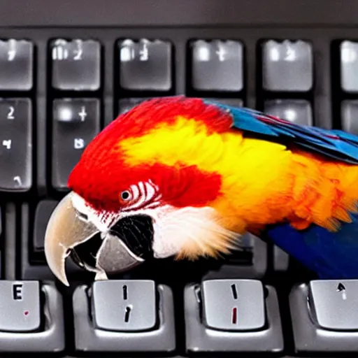 Image similar to “scarlet macaw typing on a keyboard with its beak, hd, photorealistic”