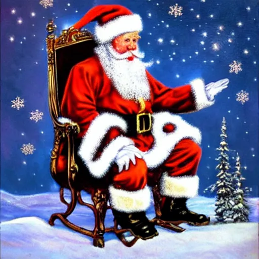 Image similar to Santa Claus sitting on his throne at the North pole, oil canvas