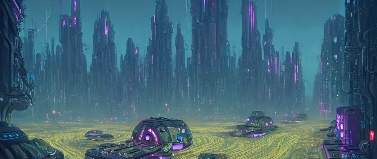 Image similar to beautiful painting of anemone city in the dreams of a mainframe in the style of Simon Stålenhag and H. R. Giger, detailed, trending on Artstation