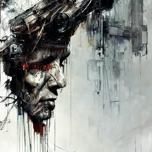 Image similar to cybernetic hunter, cyberpunk, wires, skulls, machines by emil melmoth zdzislaw belsinki craig mullins yoji shinkawa realistic render ominous detailed photo atmospheric by jeremy mann francis bacon and agnes cecile ink drips paint smears digital glitches glitchart