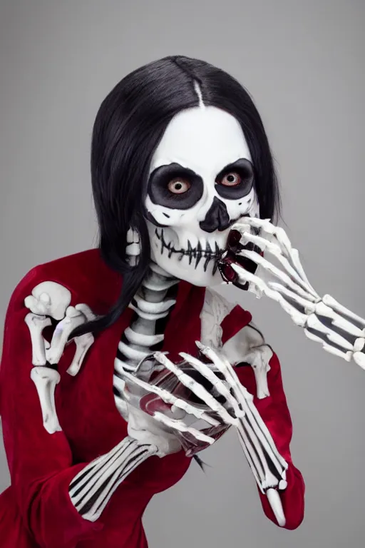 Image similar to beautiful lady skeleton drinking from a blood filled goblet, cosplay, studio lighting