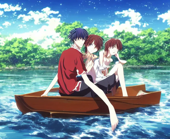 Prompt: anime key visual of a young man anime and young woman anime sitting together on one single long wooden rowboat. Romantic. Girl has auburn hair. Boy has short black hair. Boy and girl. Boy and girl. Narrow river in a forest, rocky shore, trees, shady, blue waters, ripples, waves, reflections, details, sharp focus, illustration, by Jordan Grimmer and greg rutkowski, Trending artstation, pixiv, digital art