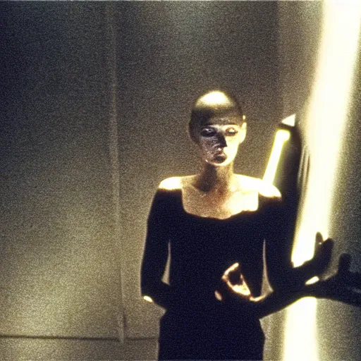 Image similar to movie still of the alien girl, cinematic composition, cinematic light, by david lynch and dario argento