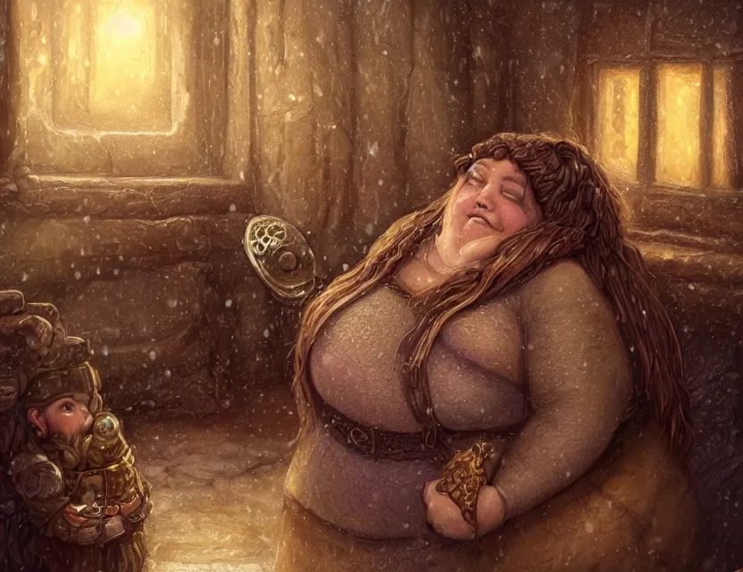 Prompt: A hearty chubby nice dwarven woman at her home looking through the window to a snowstorm outside, highly detailed complex braided hair, realistic, beautiful, fantasy art, dungeons and dragons, lord of the rings, in the style of brian froud and thomas kinkade, illustration, very cozy, fantasy, intricate, hyper detailed, artstation, concept art, smooth, sharp focus, ray tracing, vibrant