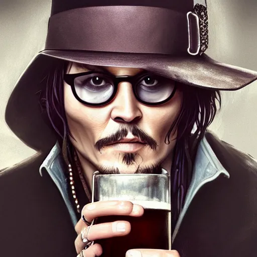 Image similar to Photorealistic Johnny Depp drinking a mega pint of wine, Hyperdetailed, 108 Megapixels, Artstation concept art