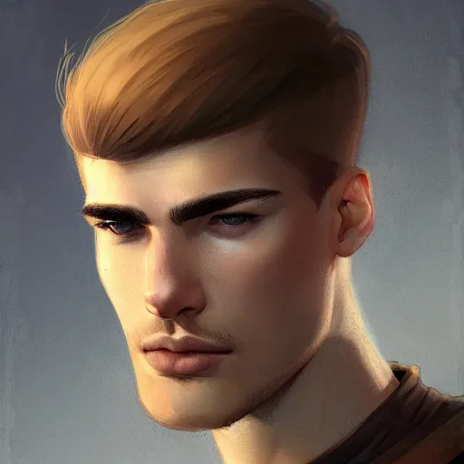 Image similar to tall chunky man in his twenties with brown blond short regular haircut and round facial structure with cleft chin, straight eyebrows, slightly smiling, cheekbones, straight nose, wider face, shadow of beard, atmospheric lighting, painted, intricate, 4 k, highly detailed by charlie bowater