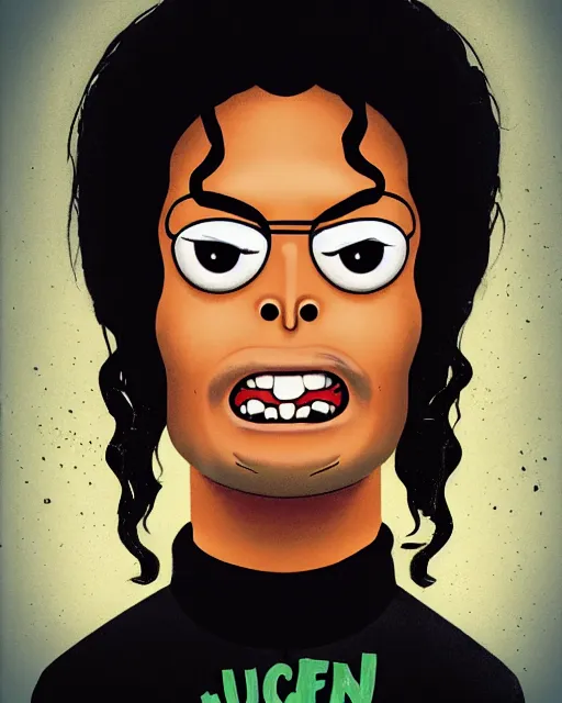 Image similar to portrait of michael jackson in the style of justin roiland. cinematic lighting. style of rick & morty. photographic, photography. by justin roiland