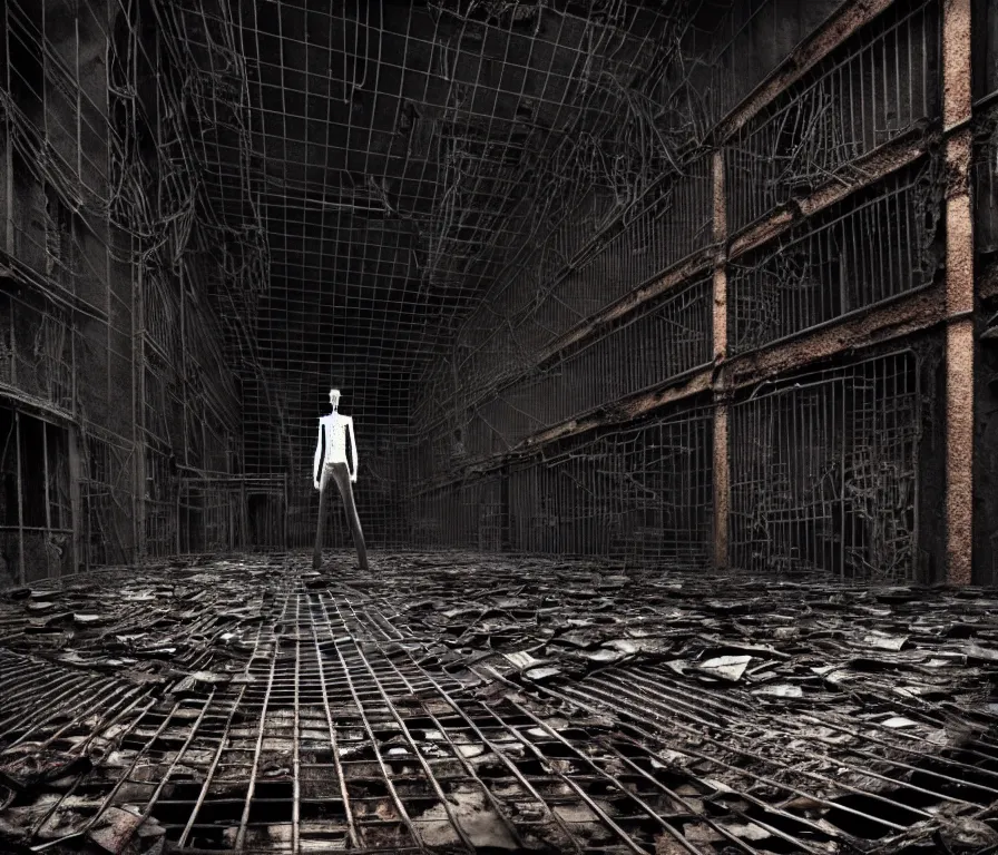 Image similar to creepy tall man with very long limbs sits on the floor. An underground very dark gloomy multi-layered structure of rusty thick iron grates, dense chain-link fencing and peeling walls. Inside view, collapsed floors, bent rusted iron, masterpiece, black background, corners, cinematic, hyperdetailed, photorealistic, hyperrealism, octane render, 8k, depth of field, bokeh, architecture, shadows, art by Zdzisław Beksiński, Arthur Rackham, Dariusz Zawadzki
