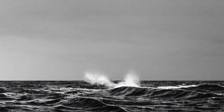 Prompt: a black and white photo of a stormy ocean with a single small boat in the waves, an album cover by raoul de keyser, trending on behance, optical illusion, cosmic horror, concert poster, poster art, geometric, noise