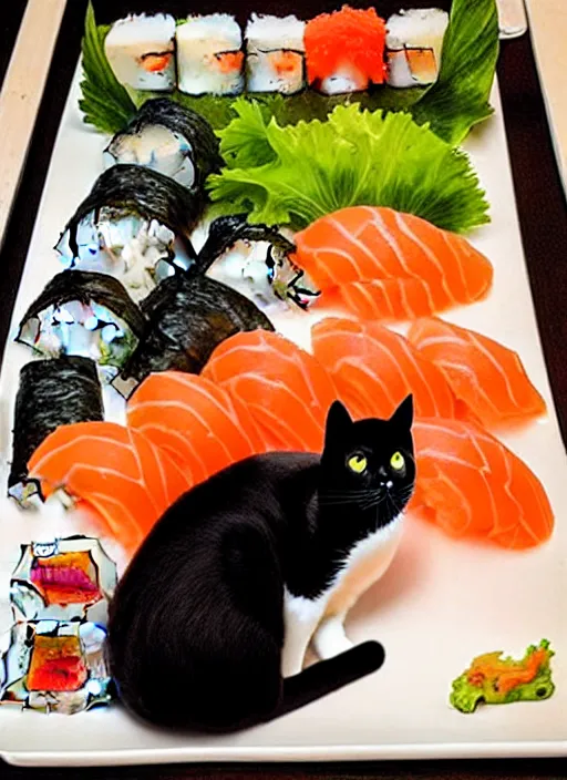 Image similar to clear photorealistic picture of adorable cats made out of sushi