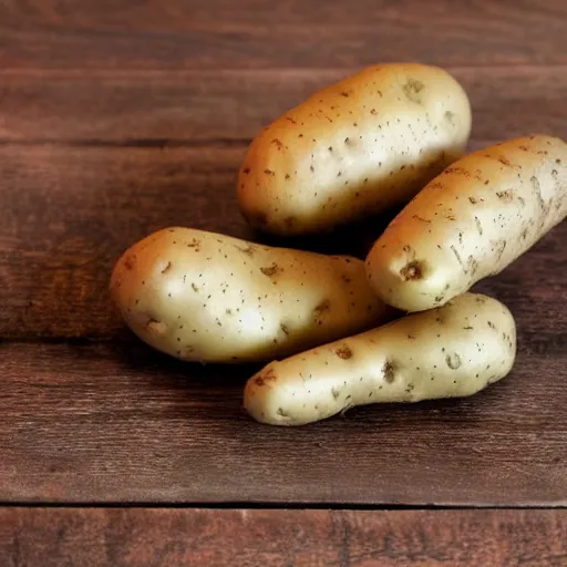 Image similar to potato with face, legs and arms, on a wooden table