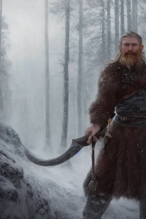 Image similar to epic portrait an male viking petting an big fluffy world during blizzardy winter weather, blurry forest backround, digital painting, artstation, concept art, soft light, hdri, smooth, sharp focus, illustration, fantasy, intricate, elegant, highly detailed, D&D, matte painting, in the style of Greg Rutkowski and Alphonse Mucha and artemisia, 8k, highly detailed, jurgens, rutkowski, bouguereau, pastoral, rustic, georgic, detailed concept art, illustration, colorful pastel, painting, detail, ultra detailed, digital art, 4K,