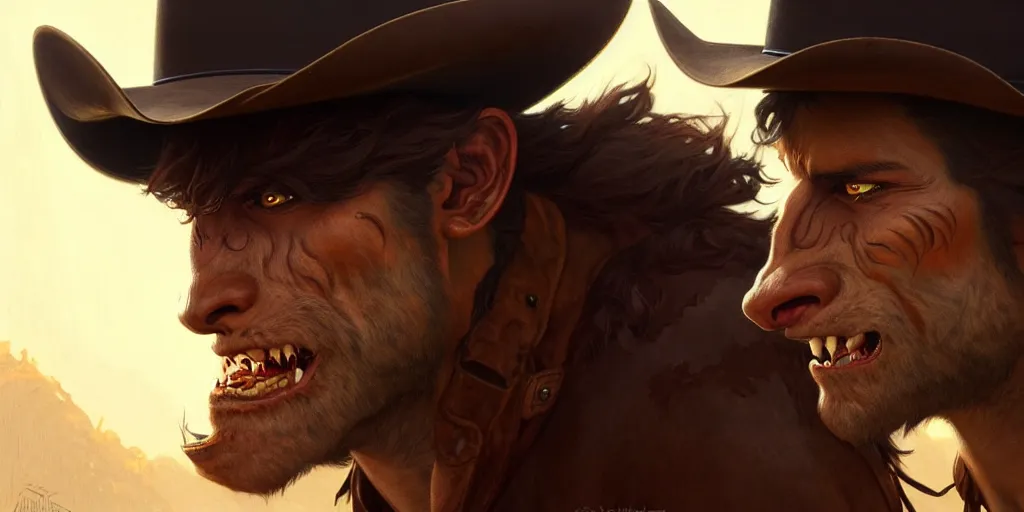 Image similar to a cowboy turning into a werewolf, highly detailed, digital painting, artstation, concept art, matte, sharp focus, illustration, art by artgerm and greg rutkowski and alphonse mucha
