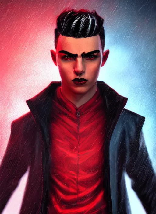Image similar to An epic fantasy comic book style portrait painting of a young man with black undercut haircut, wearing red clothes, black overcoat, blue jeans. Unreal 5, DAZ, hyperrealistic, octane render, cosplay, RPG portrait, dynamic lighting