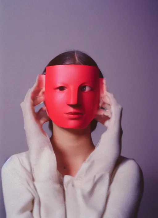 Image similar to a fashion portrait photograph of a woman wearing a plastic mask designed by james turrell, 3 5 mm, color film camera,