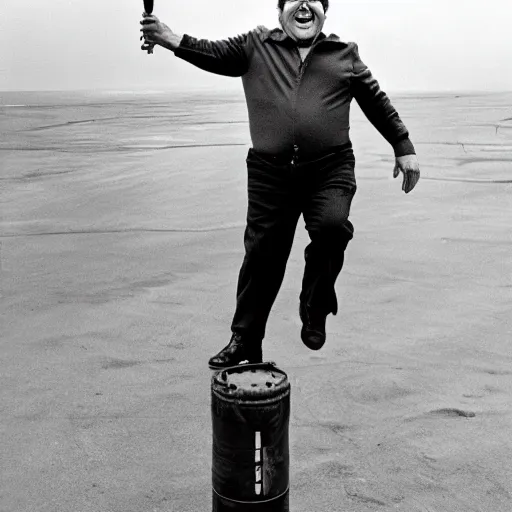 Prompt: Danny Devito holding onto a rocket