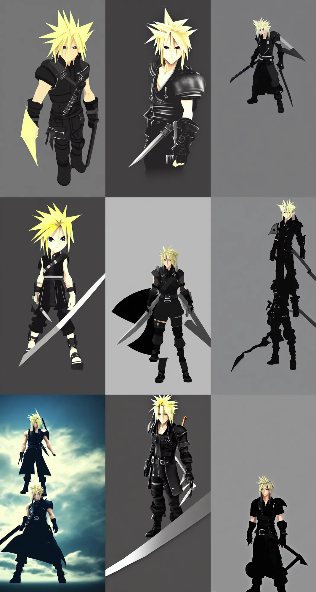 Prompt: cloud strife, ff 7, horizon, minimalist wallpaper, dark background, desktop background, behance, artstation, deviantart