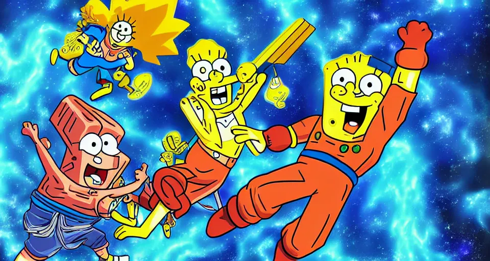 Prompt: spongebob fighting goku in space, digital art