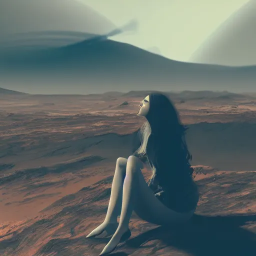 Image similar to High-detail still of a woman with gorgeously flowing hair on Mars, sitting on a Martian rock, smoking a cigarette, reddish atmosphere with detailed highlights, dark gloomy sky cascading upon the atmosphere, well-detailed ornate Martian mountains in the background, trending on artstation, 4k, 8k