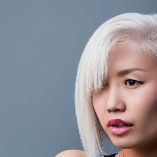 Prompt: a portrait of a Eurasian woman from Kyrgyzstan. 34 years old. Platinum blond hair color. Bob hair style