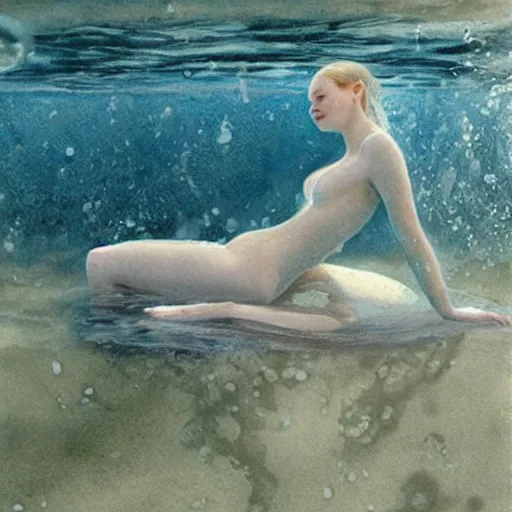 Prompt: Elle Fanning underwater in Greece, head and shoulders, extremely detailed masterpiece, illustration, by Michael Sowa,