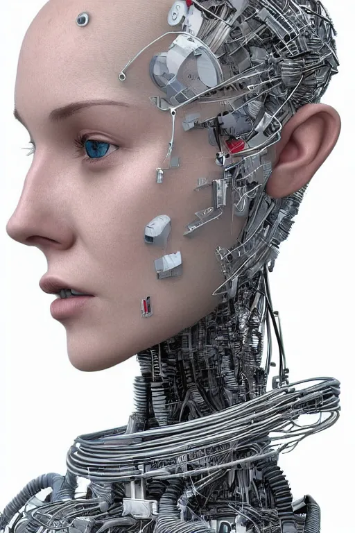 Image similar to robot with human face, female head, full body angle, woman human face, human face realistic, beautiful blonde hair, human head, human head with blonde hair, blonde hair human head, blonde hair, human realistic face, human head skin, cyborg frame concept, cyborg by ales-kotnik, sci-fi android female, the body is made of wires, robotic body, cyborg body, cyborg bust body, robot body cyborg, full body