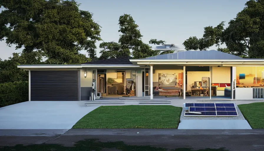 Prompt: EICHLER home, 1950s, by Asher Durand. solar power, intricate artwork, porsche 911, octane render, cinematic, hyper realism, golden hour, octane render, 8k, depth of field, bokeh. iridescent accents, vibrant.-H 704