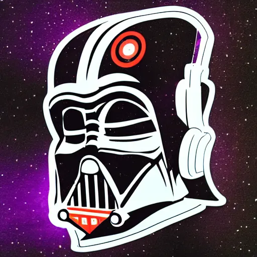 Image similar to svg sticker of a Pop-Wonder Darth-Vader at a rave, spinning records, giant headphones rocking out, wearing headphones, huge speakers, dancing, rave, DJ, spinning records, digital art, amazing composition, rule-of-thirds, award-winning, trending on artstation, featured on deviantart