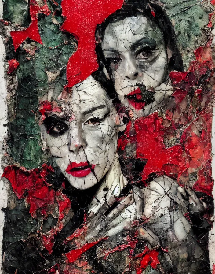 Prompt: bad witch from fight club detailed mixed media collage with canvas texture in style of contemporary art, punk art, photorealism, sensual bodies, expressionism, masterpiece, perfect composition, spectacular quality, intricate oil details, broken glass photo, torn paper intricate texture, large cracks, liquid glue spots, dark green and black and red chaotic background