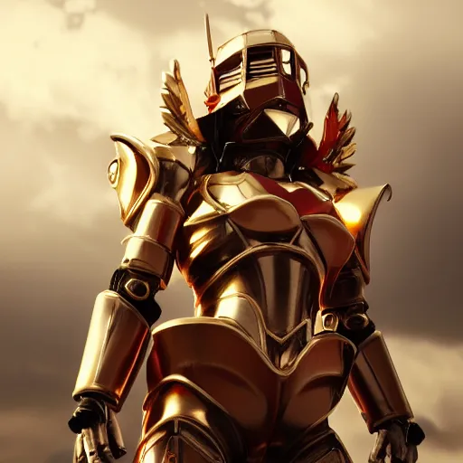 Image similar to picture of metal armored valkyrie, crimson plated, sword and shield, golden wings, divine vibes, light brown hair, white skin, shiny golden eyes, sky background, sharp focus, highly detailed, cinematic lighting, studio quality, smooth render, unreal engine 5 rendered, octane, rendered