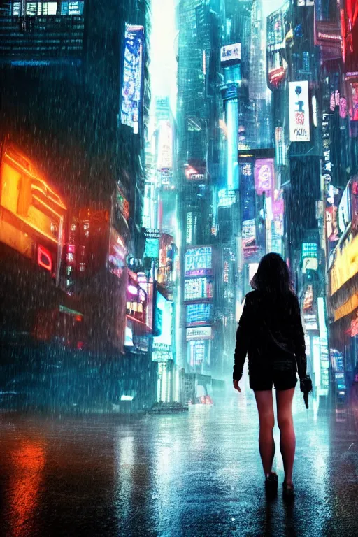 Prompt: A girl stands in front of cyberpunk city, in the rain,in theme of Bladerunner movie.