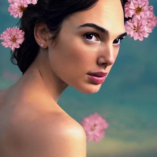 Prompt: fine art photo of the beauty gal gadot, she is posing while maintain a sweet eye contact to the camera, she has a crown of flowers, the photo was taken at sunrise with a bokeh effect, by steve mccurry, photorealistic, matte painting, hyper realistic, 4 k, 8 k, cinematic composition, hd, highly detailed, trending on artstation