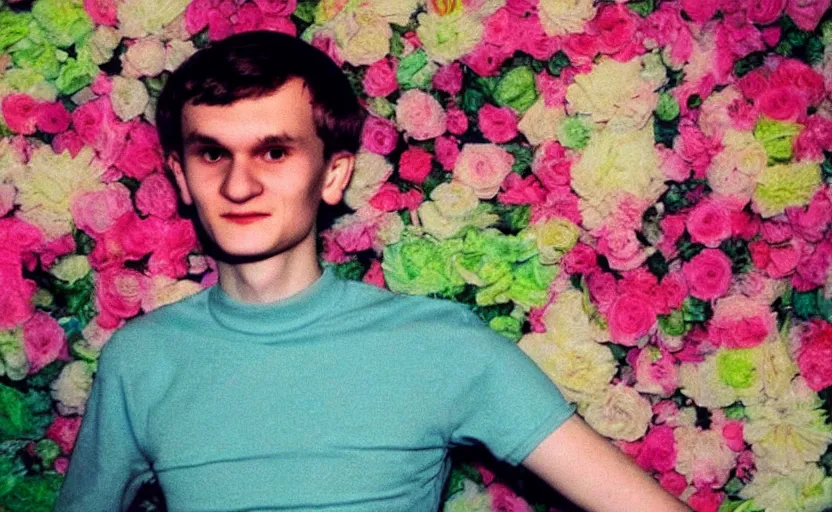 Image similar to a dreamy retro 8 0 s photo of vitalik buterin, bloomy, colorful, awesome