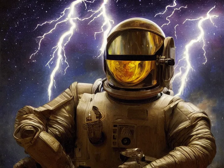 Image similar to a detailed profile oil painting of a lone shock trooper in a spacesuit with reflective helmet, technology flight suit, bounty hunter portrait symmetrical and science fiction theme with lightning, aurora lighting clouds and stars by beksinski carl spitzweg and tuomas korpi. baroque elements, full-length view. baroque element. intricate artwork by caravaggio. Trending on artstation. 8k