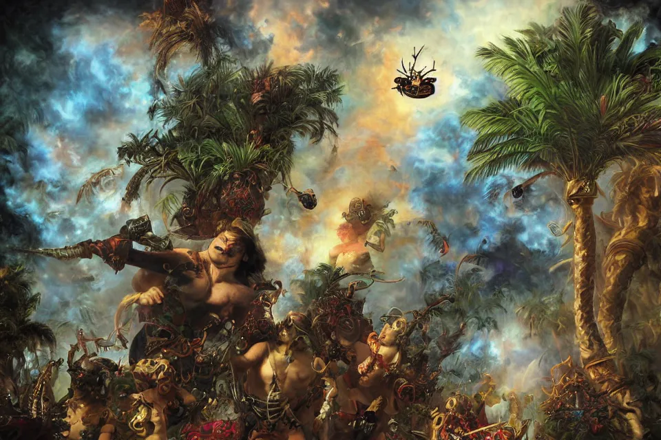 Prompt: an extreme close - up of jack black wearing gothic helmets playing with a giant insect surrounded by saxophones, palm trees, jungle fruit, volumetric light caustics kim keever clouds of pigment smoke, by hajime soryama, boris vallejo, bouguereau