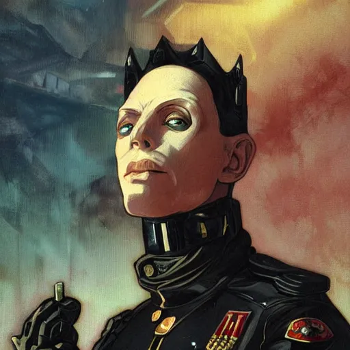 Image similar to portrait of rubbery, gaunt albino mutant with moist skin, sharp features, large lips, huge black eyes and determined expression, wearing fascist Byzantine police uniform and standing on cyberpunk docks, Dune concept art by Anato Finnstark, Alphonse Mucha, and Greg Rutkowski