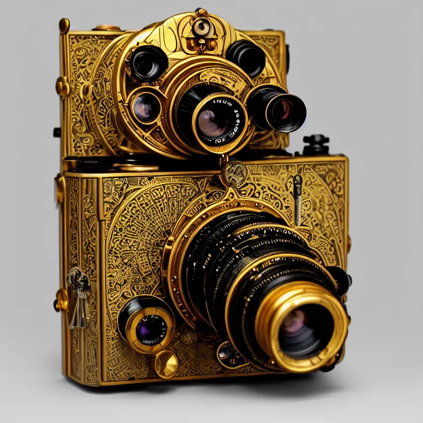 Prompt: photograph of a very beautiful steampunk medium format camera!. plain grey background. centered. highly detailed. gold. round lens. artstation, concept art, symmetry, smooth, sharp focus, art by john singer sargent and and mucha by theodore ralli and nasreddine dinet and anders zorn and nikolay makovsky and edwin long