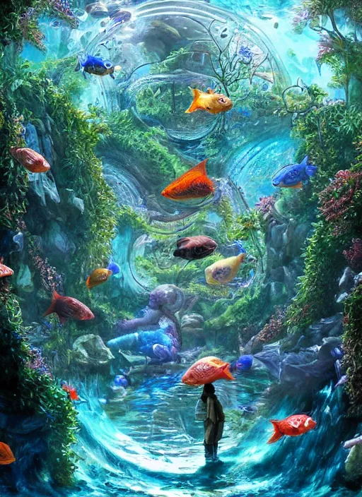 Prompt: people observing lots of beautiful fish in an underground aquarium corridor, in the style of john stephens, fantasy art, ray tracing, water droplets, highly detailed, artstation trend, highly detailed and intricate, sharp focus, photography, unreal engine 5