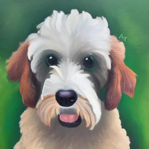 Image similar to a handsome portrait of an aussie doodle pup, oil on canvas, high budget