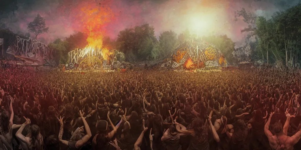 Image similar to a death metal band playing on woodstock, wall of death with hippies, wide angle, super highly detailed, professional digital painting, artstation, concept art, smooth, sharp focus, no blur, no dof, extreme illustration, Unreal Engine 5, Photorealism, HD quality, 8k resolution, cinema 4d, 3D, beautiful, cinematic, art by artgerm and greg rutkowski and alphonse mucha and loish and WLOP