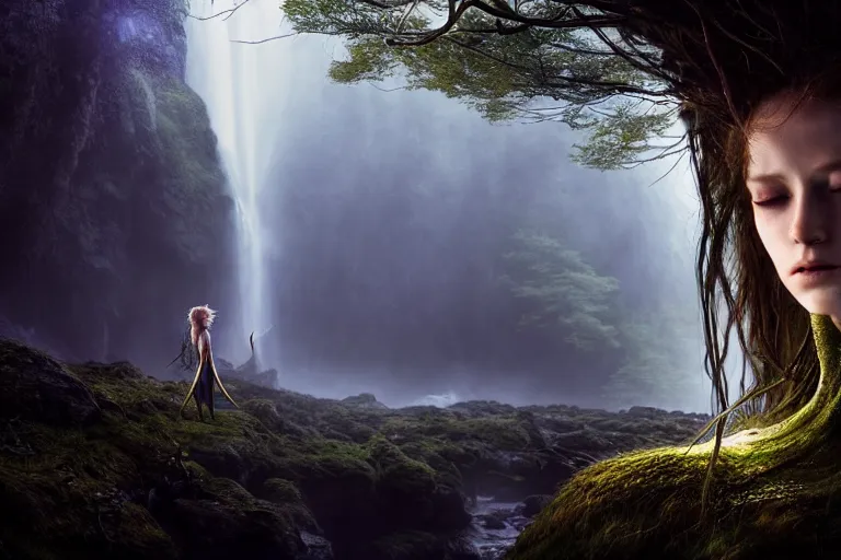 Image similar to an ultra realistic, cinematic, fantasy, headshot portrait, of an elden ring elf, fairy lights, facial features, background of a vast serene landscape, with trees and waterfalls, detailed, deep focus, movie still, dramatic lighting, ray tracing, by michal karcz and yoshitaka amano